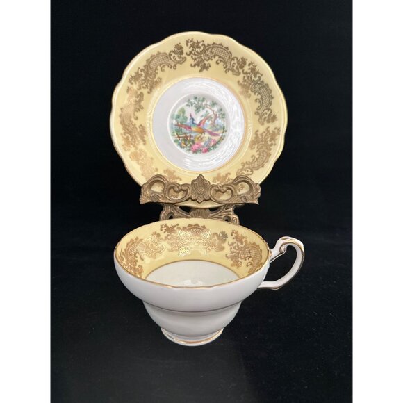 Vintage EB Foley Bone China Teacup & Saucer Set Yellow/Gold Floral Bird England - Picture 3 of 8